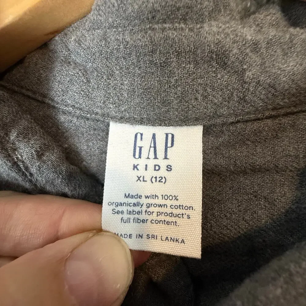 Gap Kids Boys Flannel Button Down Camp Shirt XL 12 Solid Gray Long Sleeve
